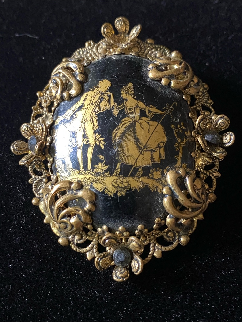 Vintage-Style Gold and Black Romantic Scene Brooch - Women Jewelry- Signed